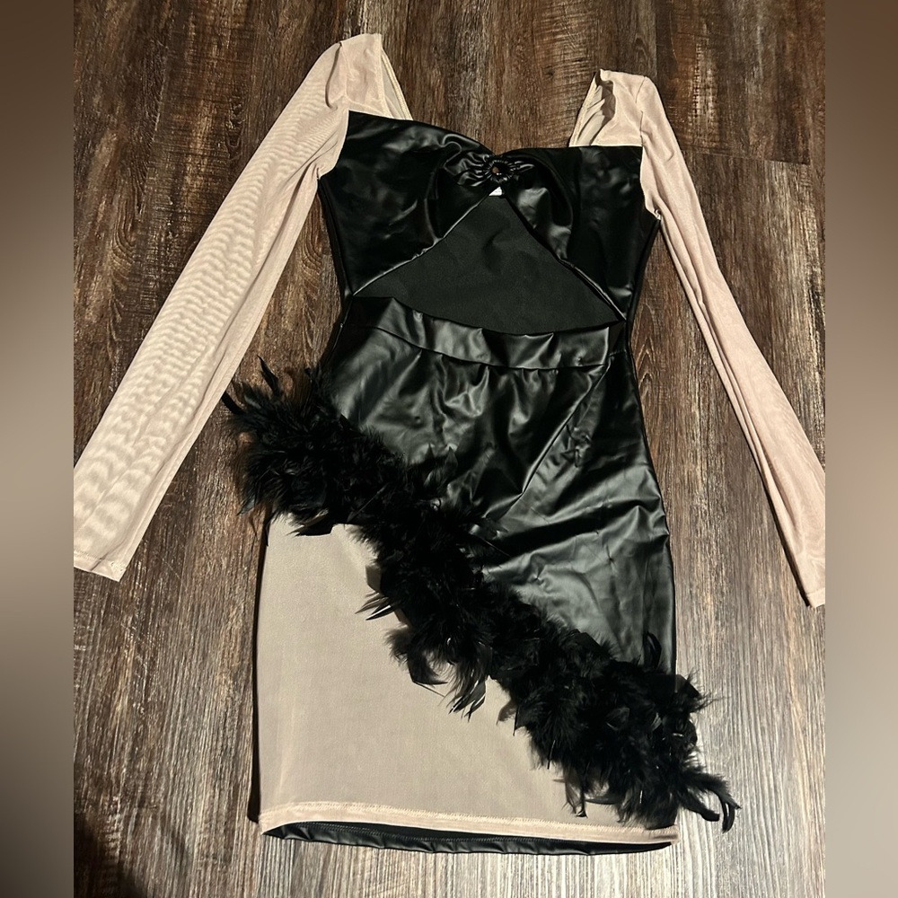 Vegan leather cutout dress with nude mesh sleeves/mesh patchwork & feather trim